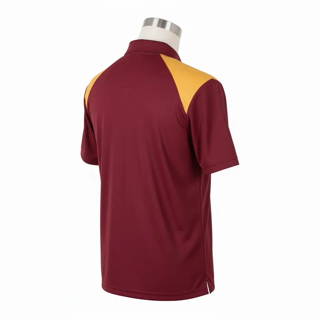 Custom Wrestling Performance Polo Shirt - Burgundy, Gold - Polo Shirt Vegas Shoulder Panel - Back View - HAMCO Sports Inc.