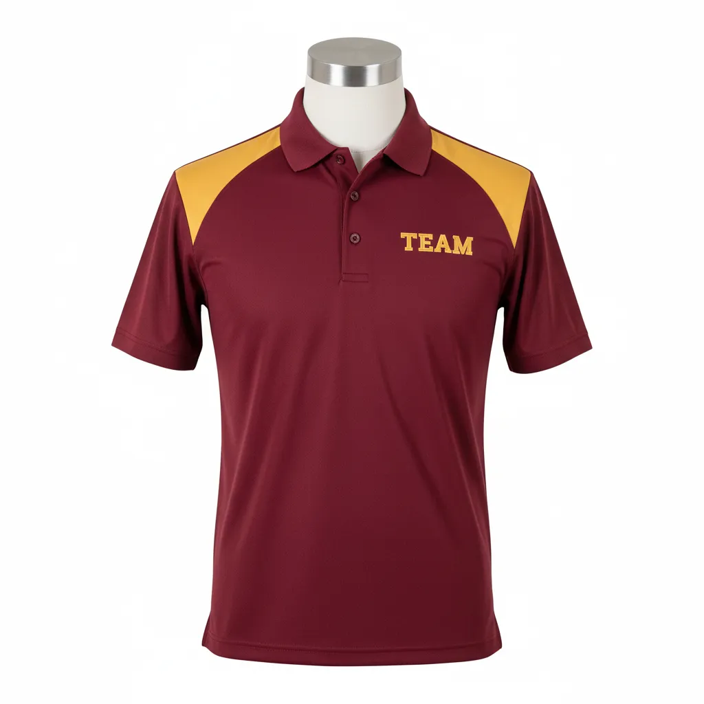 Custom Wrestling Performance Polo Shirt - Burgundy, Gold - Polo Shirt Vegas Shoulder Panel - Front View - HAMCO Sports Inc.
