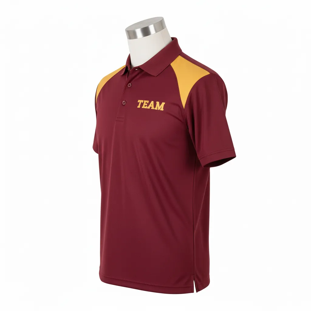 Custom Wrestling Performance Polo Shirt - Burgundy, Gold - Polo Shirt Vegas Shoulder Panel - Side View - HAMCO Sports Inc.