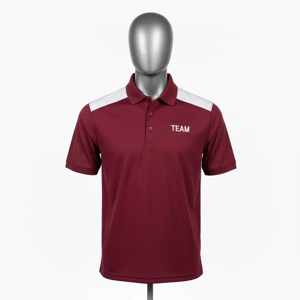 Custom Wrestling Performance Polo Shirt - Burgundy, White - Polo Shirt Shoulder Panel - Front View - HAMCO Sports Inc.