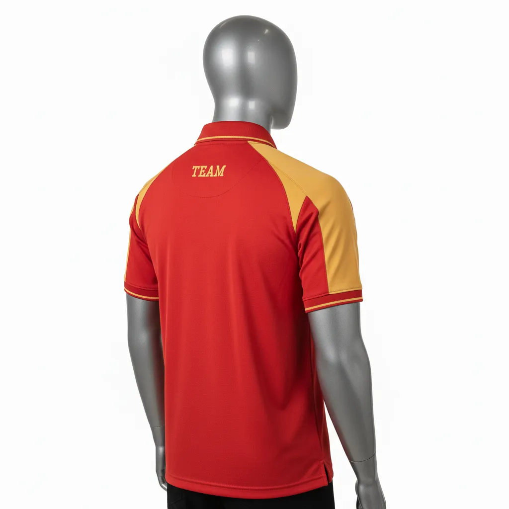 Custom Wrestling Performance Polo Shirt - Gold - Polo Shirt Cardinal Vegas Shoulder Panel - Back View - HAMCO Sports Inc.