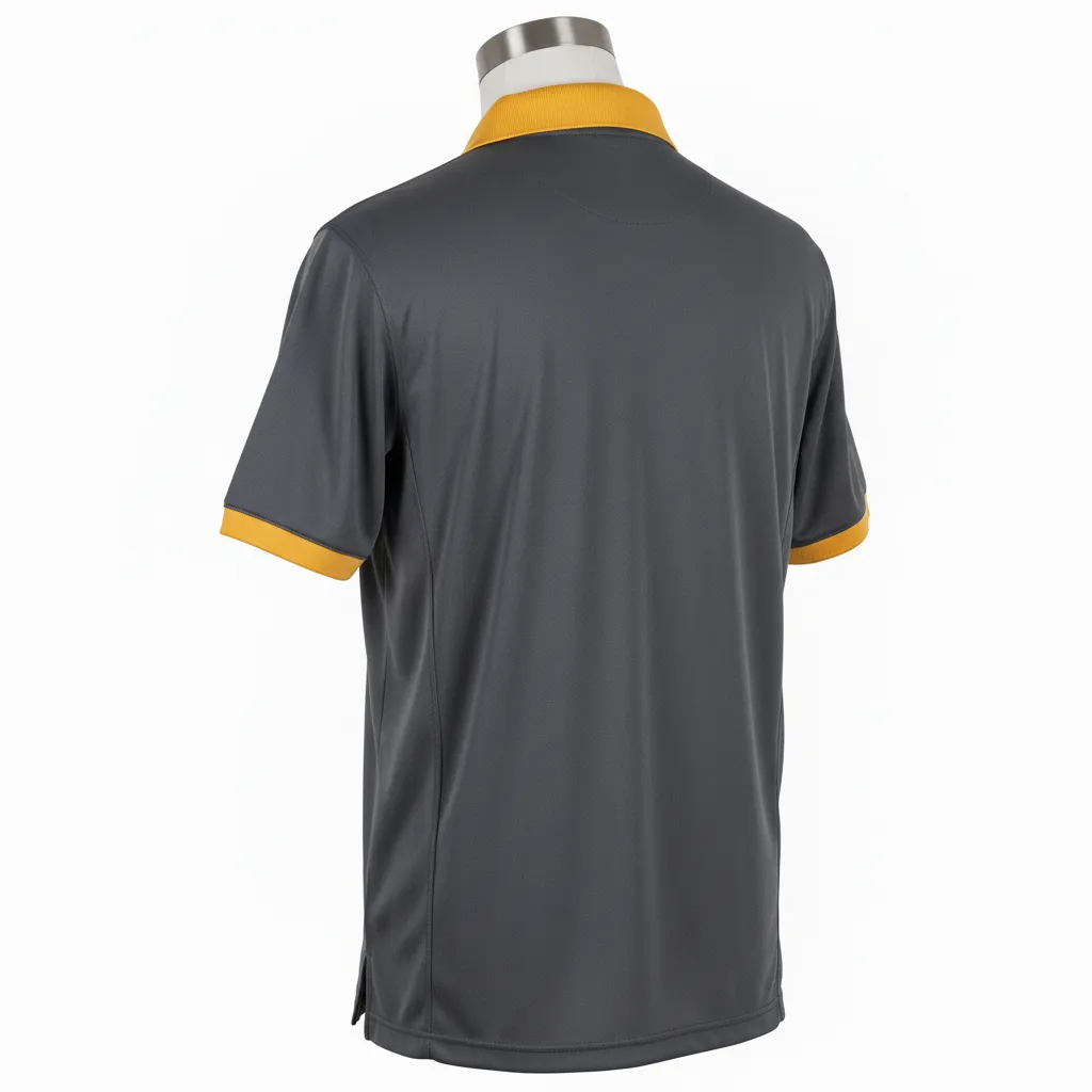Custom Wrestling Performance Polo Shirt - Gold - Polo Shirt Charcoal Vegas Collar Trim - Back View - HAMCO Sports Inc.
