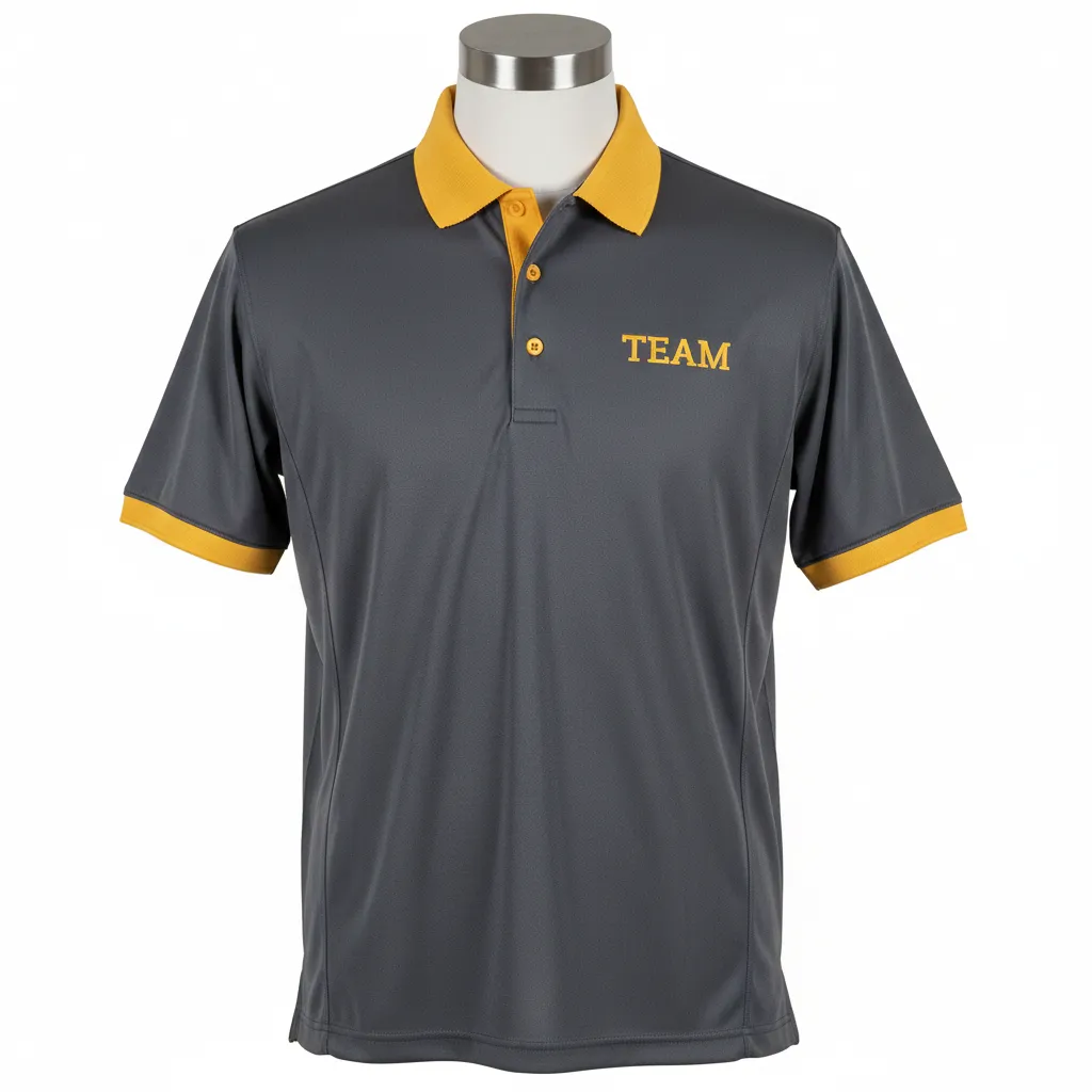 Custom Wrestling Performance Polo Shirt - Gold - Polo Shirt Charcoal Vegas Collar Trim - Front View - HAMCO Sports Inc.
