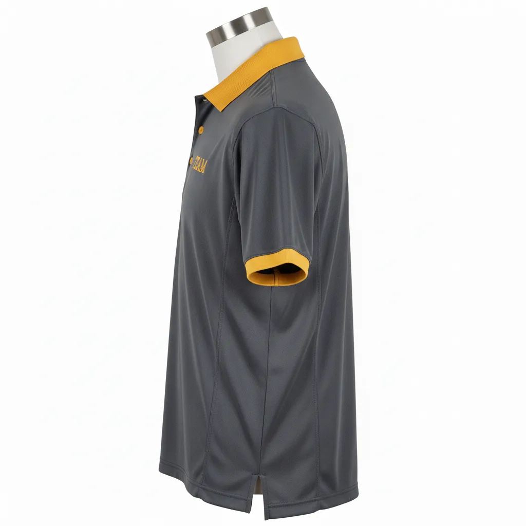 Custom Wrestling Performance Polo Shirt - Gold - Polo Shirt Charcoal Vegas Collar Trim - Side View - HAMCO Sports Inc.