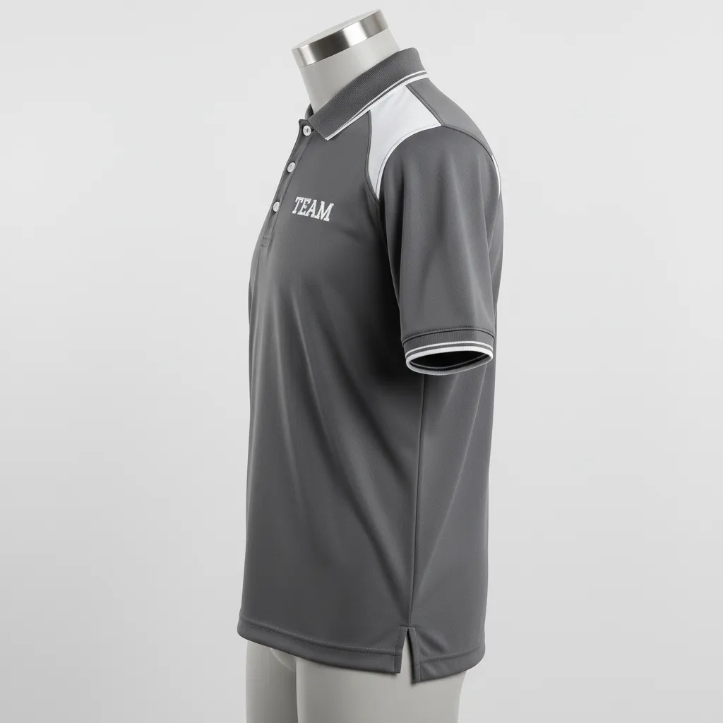 Custom Wrestling Performance Polo Shirt - White - Polo Shirt Charcoal Shoulder Panel - Side View - HAMCO Sports Inc.