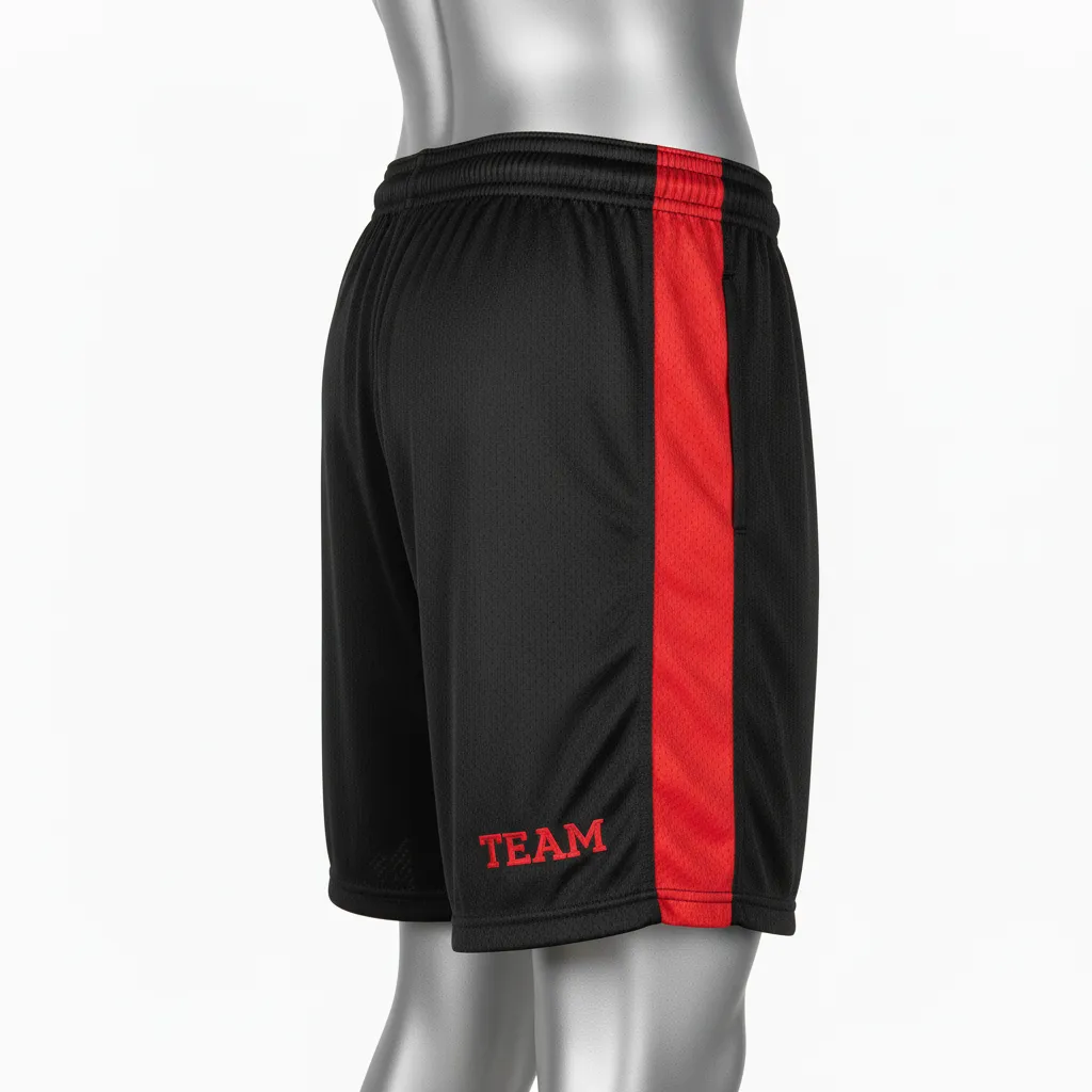 Custom Wrestling Practice Shorts - Black, Red - Practice Shorts Panel - Side View - HAMCO Sports Inc.