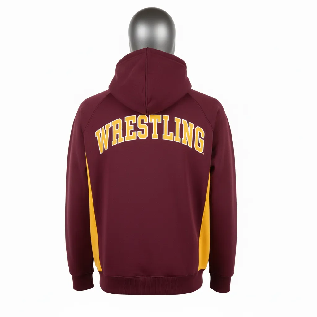 Custom Wrestling Pullover Hoodie - Burgundy, Gold - Pullover Hoodie Vegas Side Panel - Back View - HAMCO Sports Inc.