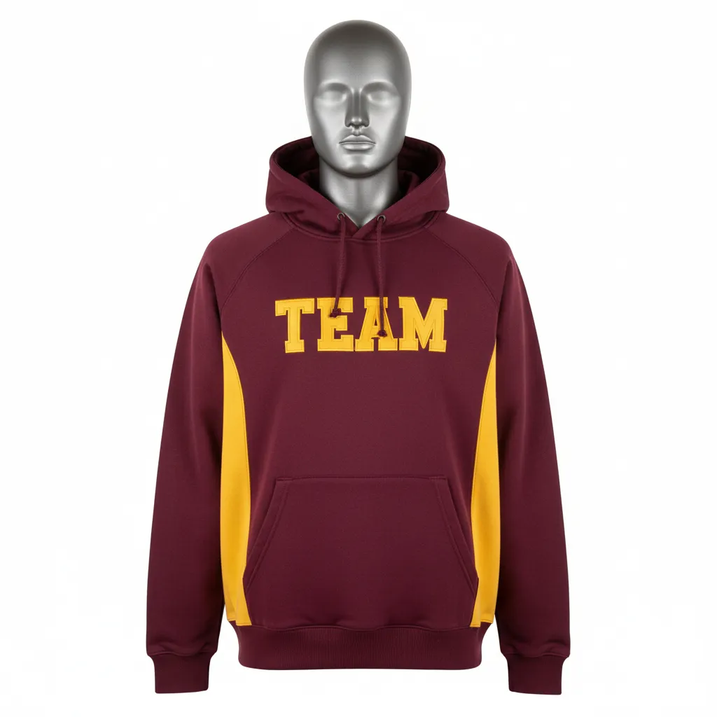Custom Wrestling Pullover Hoodie - Burgundy, Gold - Pullover Hoodie Vegas Side Panel - Front View - HAMCO Sports Inc.