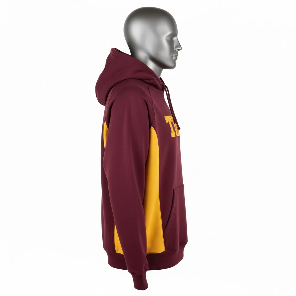 Custom Wrestling Pullover Hoodie - Burgundy, Gold - Pullover Hoodie Vegas Side Panel - Side View - HAMCO Sports Inc.