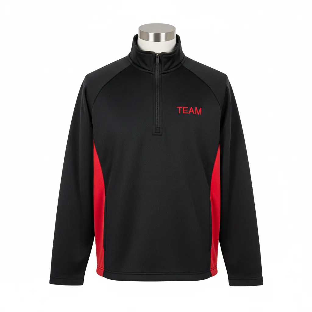 Custom Wrestling Quarter Zipper Warmup Jacket - Black, Red - Quarter Zip Jacket Side Insert - Front View - HAMCO Sports Inc.