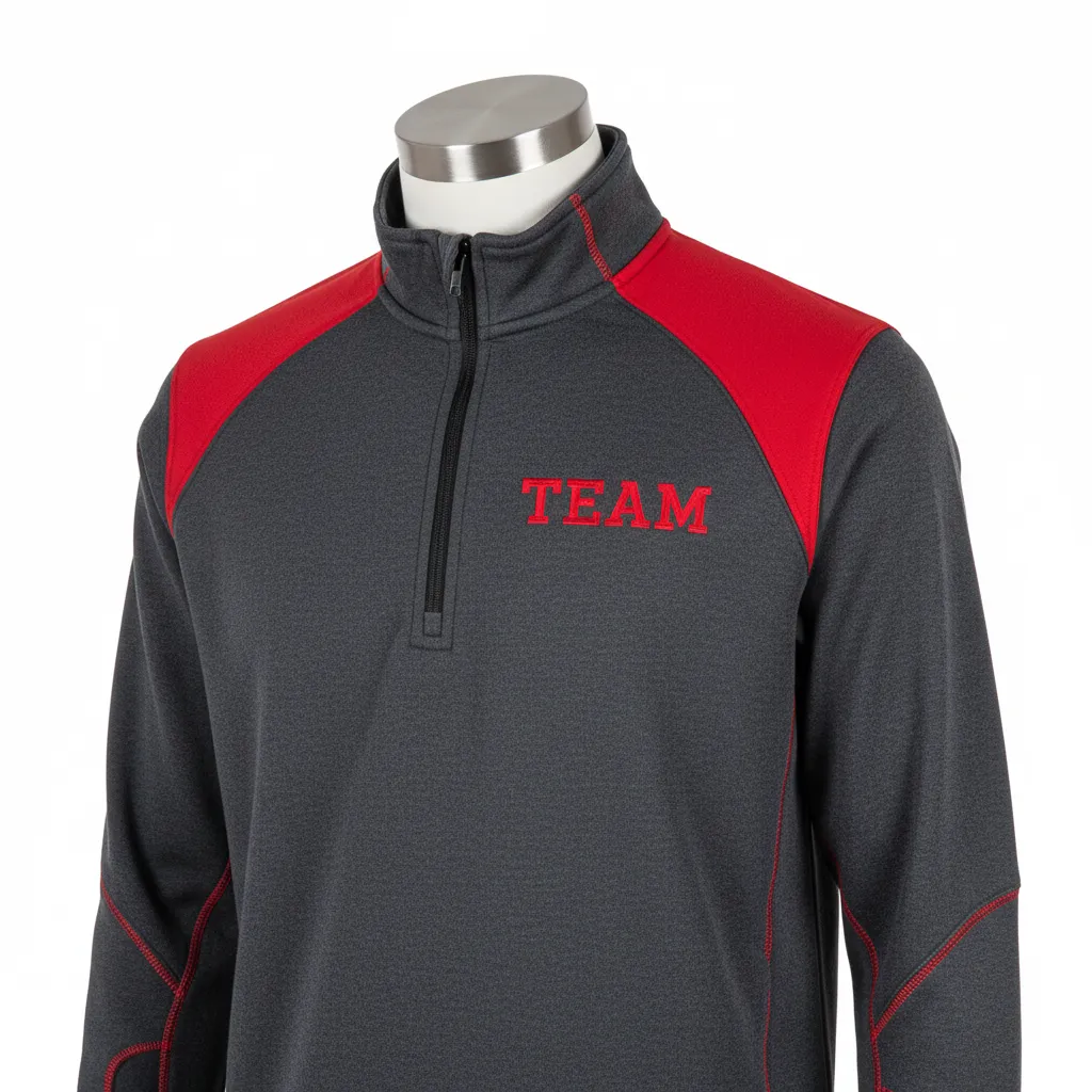 Custom Wrestling Quarter Zipper Warmup Jacket - Red - Quarter Zip Jacket Charcoal Shoulder Panel - Front View - HAMCO Sports Inc.