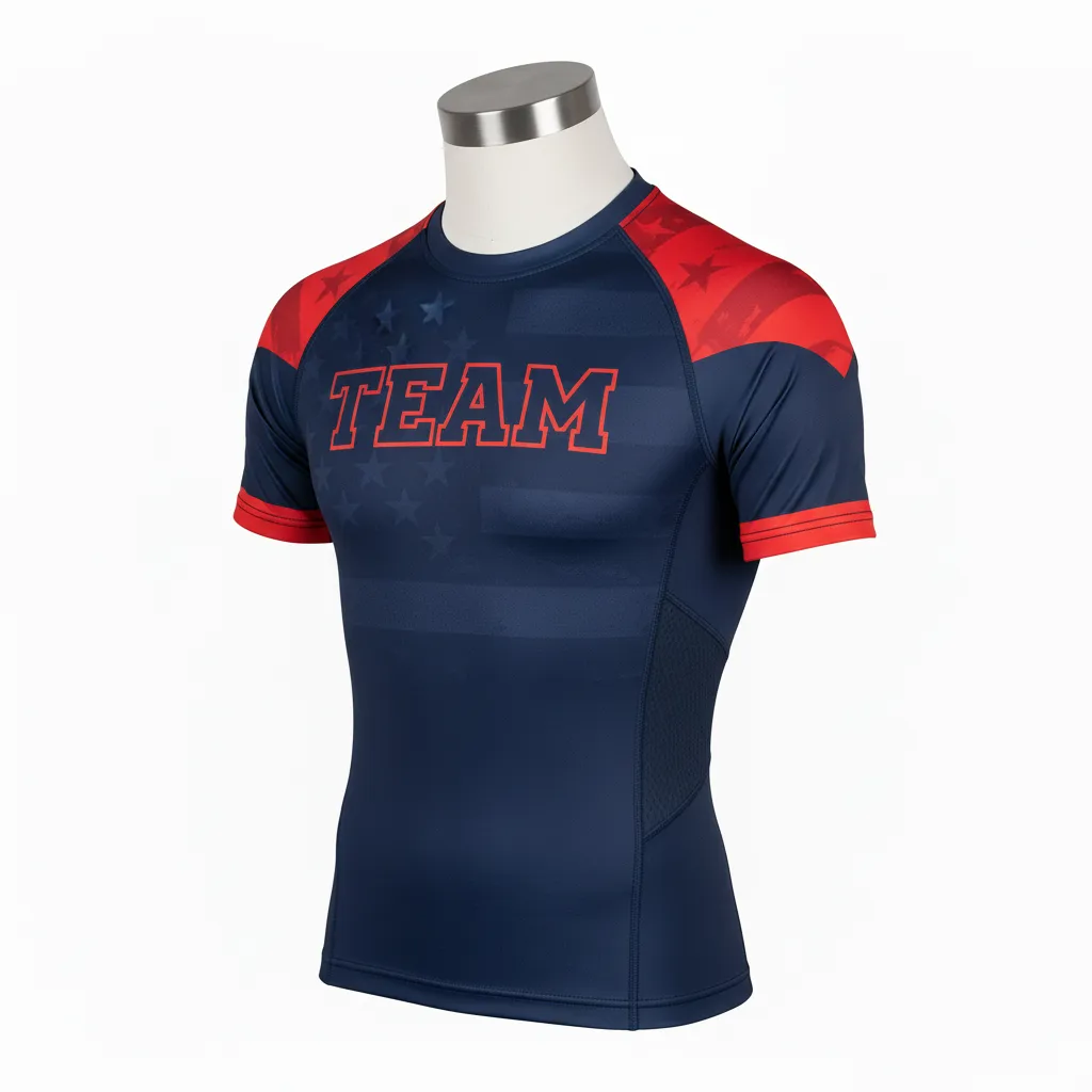 Custom Wrestling Short Sleeve Compression Shirt - Black, Red - Short Sleeve Compression Shirt Sleeve Accent - Front View - HAMCO Sports Inc.