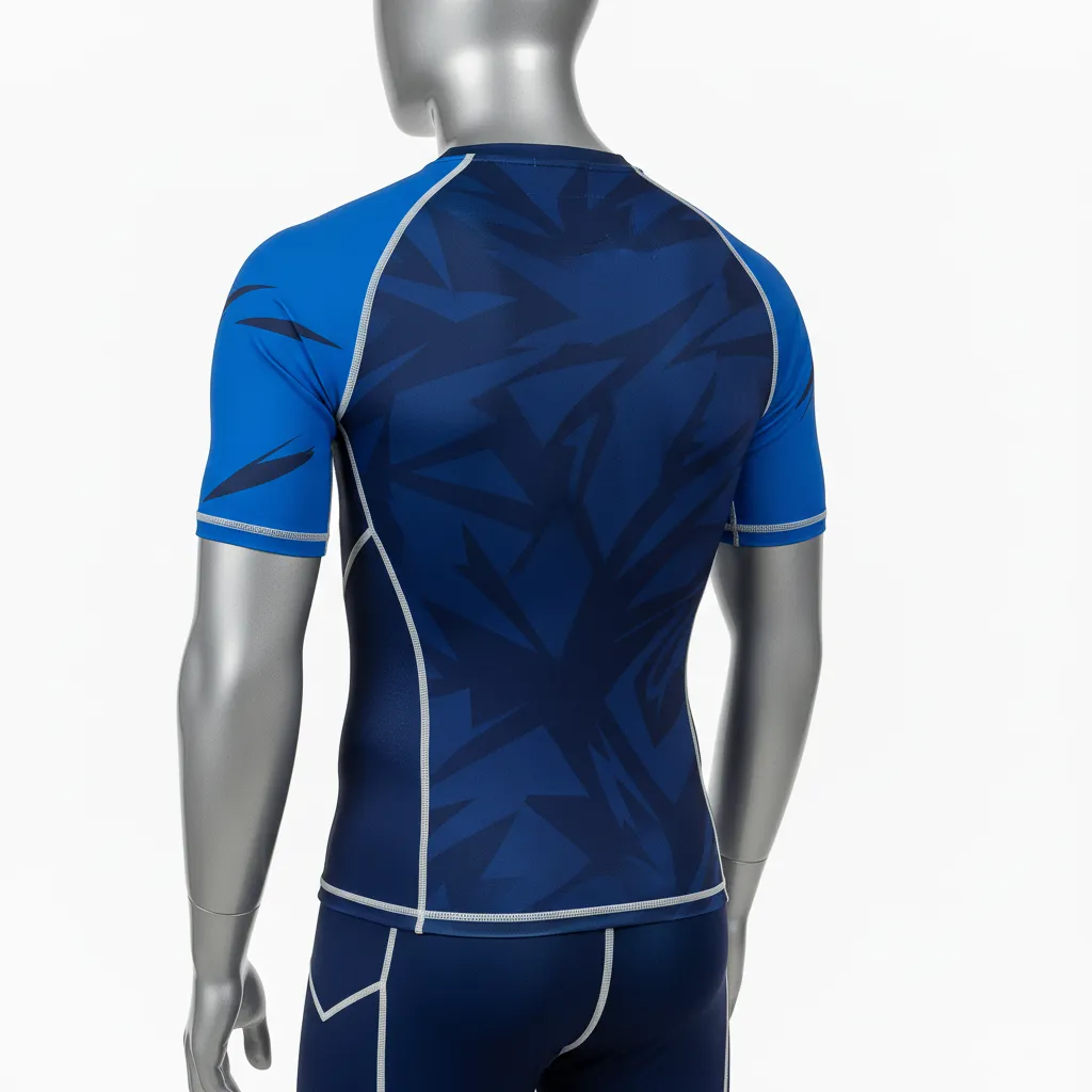 Custom Wrestling Short Sleeve Compression Shirt - Black - Short Sleeve Compression Shirt Royal Sleeve Accent - Back View - HAMCO Sports Inc.