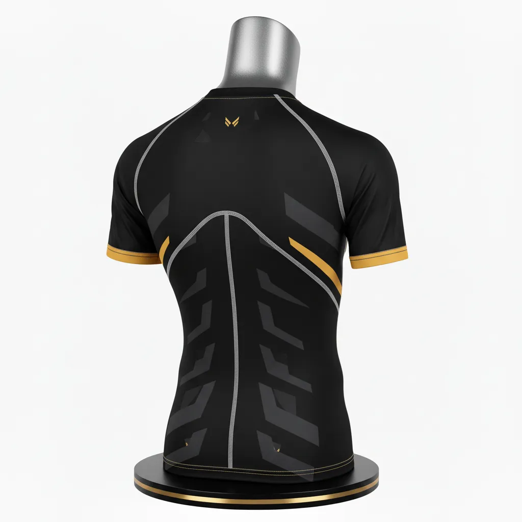 Custom Wrestling Short Sleeve Compression Shirt - Black, Gold - Short Sleeve Compression Shirt Vegas Sleeve Accent - Back View - HAMCO Sports Inc.