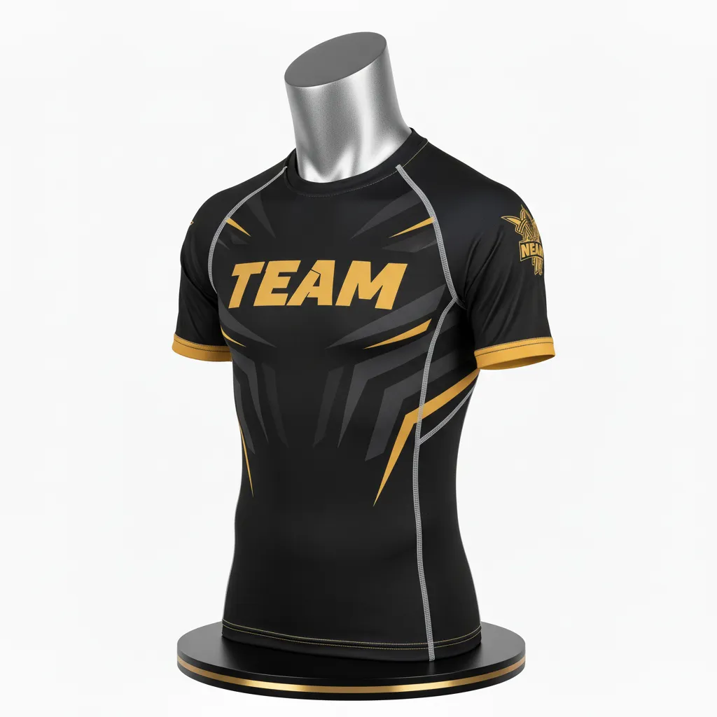 Custom Wrestling Short Sleeve Compression Shirt - Black, Gold - Short Sleeve Compression Shirt Vegas Sleeve Accent - Front View - HAMCO Sports Inc.