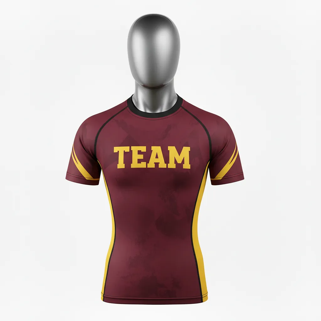 Custom Wrestling Short Sleeve Compression Shirt - Burgundy, Gold - Short Sleeve Compression Shirt Vegas Side Stripe - Front View - HAMCO Sports Inc.