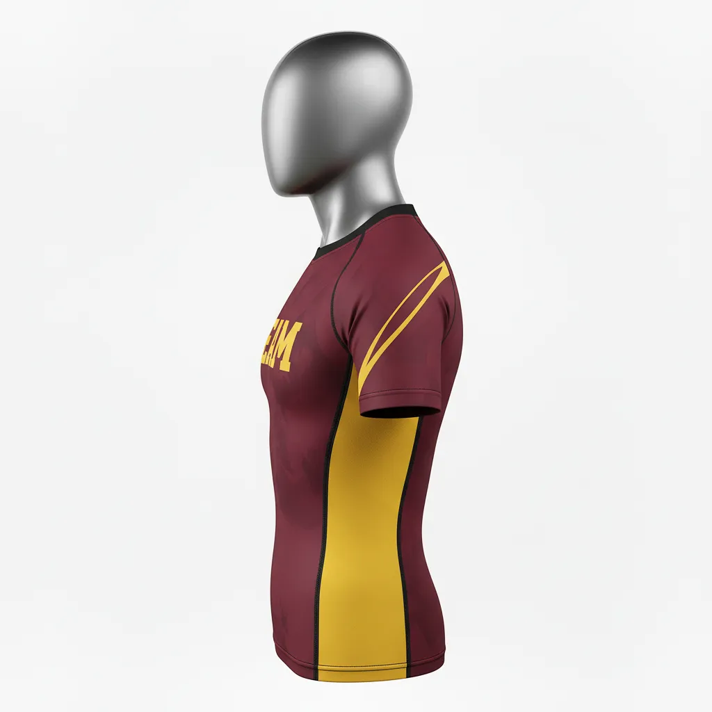 Custom Wrestling Short Sleeve Compression Shirt - Burgundy, Gold - Short Sleeve Compression Shirt Vegas Side Stripe - Side View - HAMCO Sports Inc.