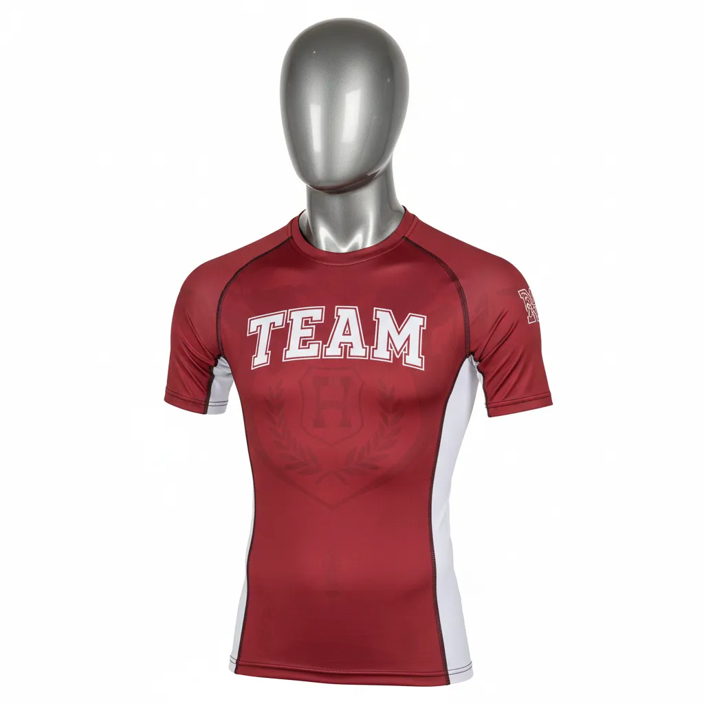 Custom Wrestling Short Sleeve Compression Shirt - Burgundy, White - Short Sleeve Compression Shirt Side Stripe - Front View - HAMCO Sports Inc.