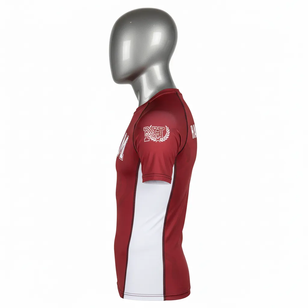 Custom Wrestling Short Sleeve Compression Shirt - Burgundy, White - Short Sleeve Compression Shirt Side Stripe - Side View - HAMCO Sports Inc.