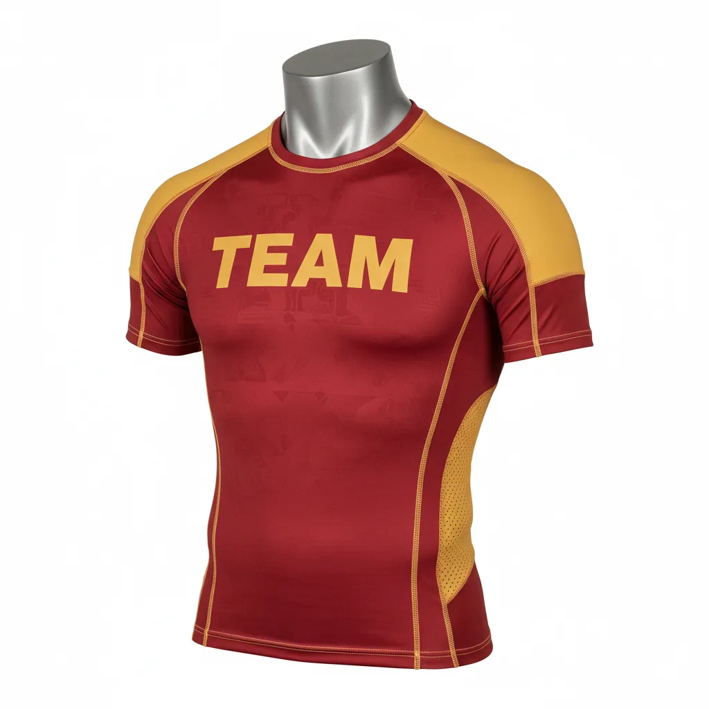 Custom Wrestling Short Sleeve Compression Shirt - Gold - Short Sleeve Compression Shirt Cardinal Vegas Shoulder Panel - Front View - HAMCO Sports Inc.