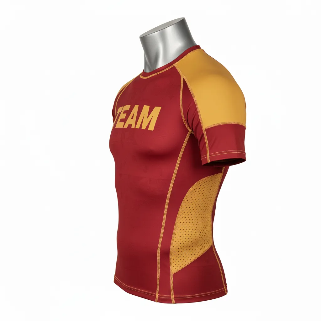 Custom Wrestling Short Sleeve Compression Shirt - Gold - Short Sleeve Compression Shirt Cardinal Vegas Shoulder Panel - Side View - HAMCO Sports Inc.