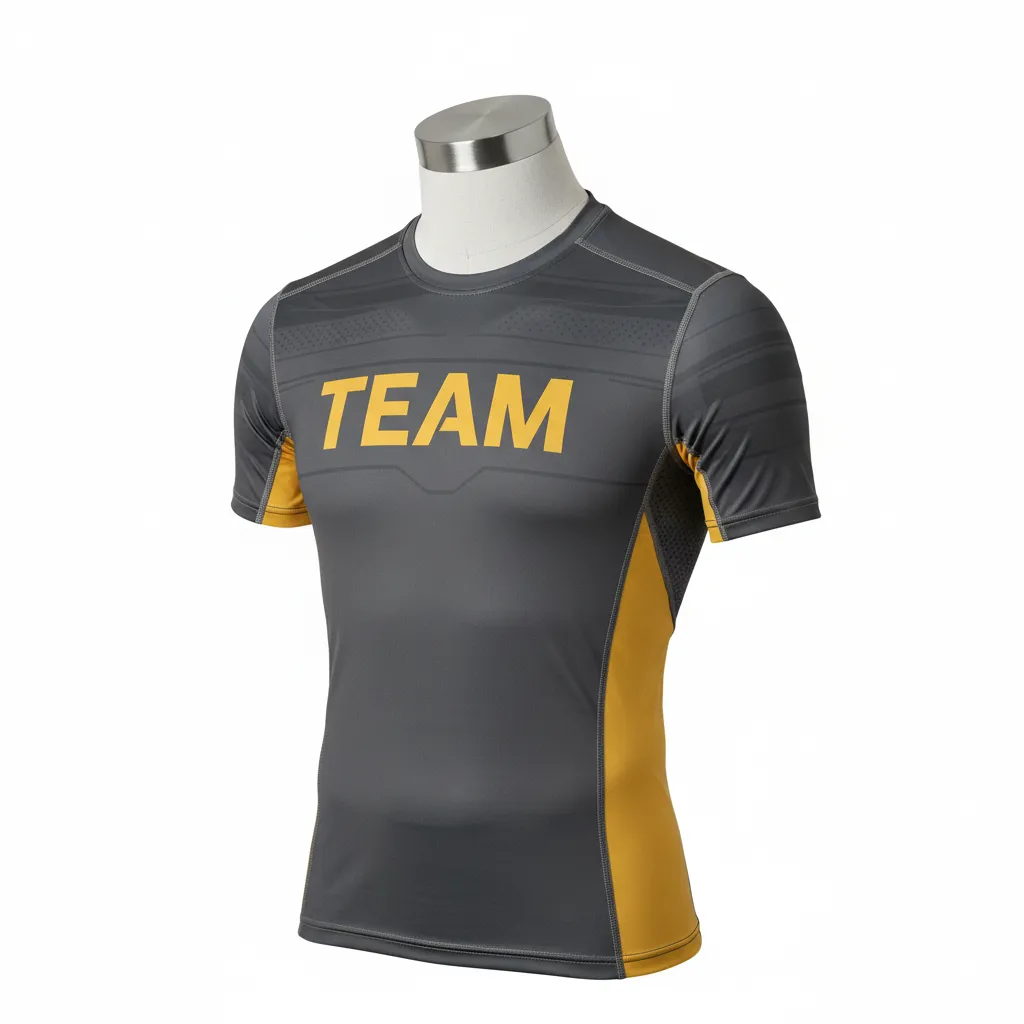 Custom Wrestling Short Sleeve Compression Shirt - Gold - Short Sleeve Compression Shirt Charcoal Vegas Side Panel - Front View - HAMCO Sports Inc.