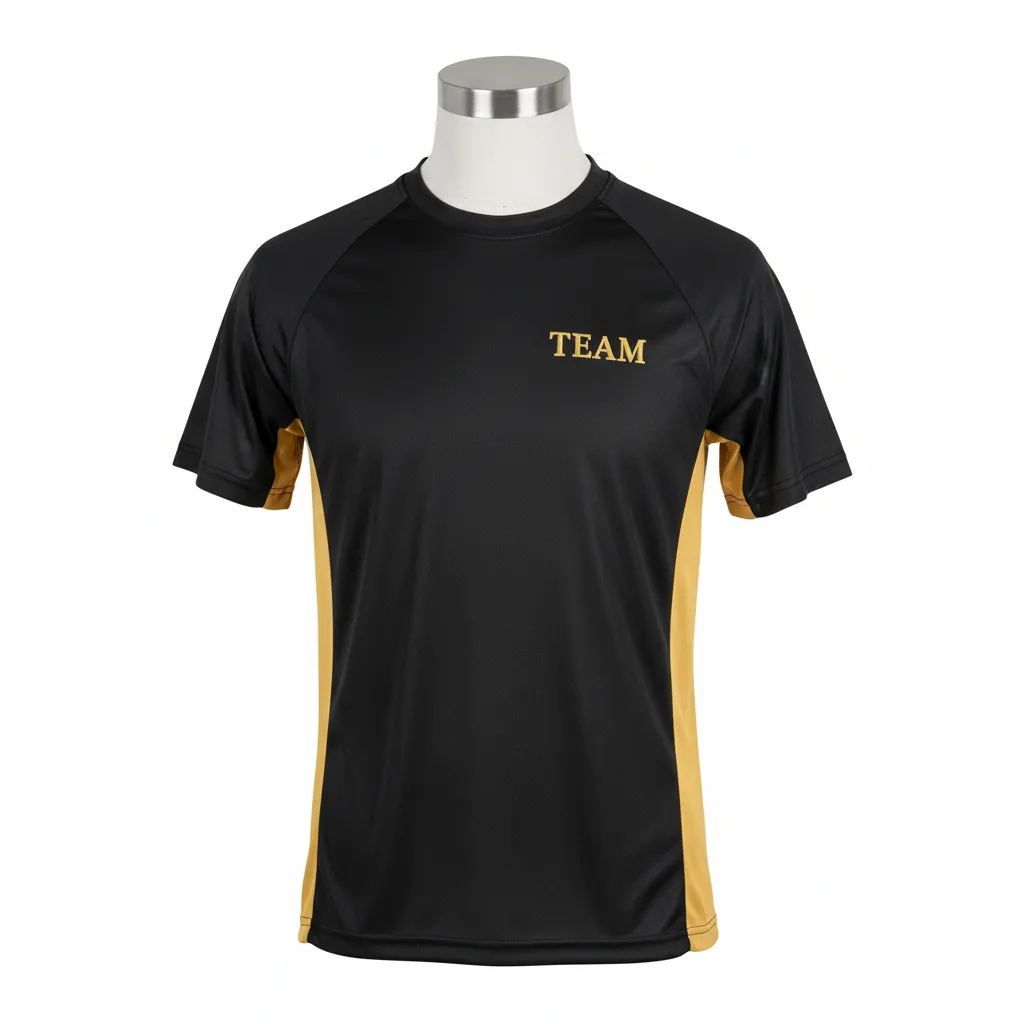 Custom Wrestling Short Sleeve Performance Shirt - Black, Gold - Short Sleeve Performance Shirt Vegas Side Panel - Front View - HAMCO Sports Inc.