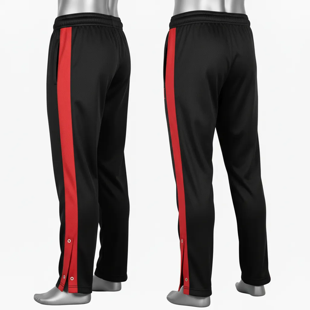 Custom Wrestling Tear Away Warmup Pant - Black, Red - Tearaway Pants Snap Panel - Back View - HAMCO Sports Inc.