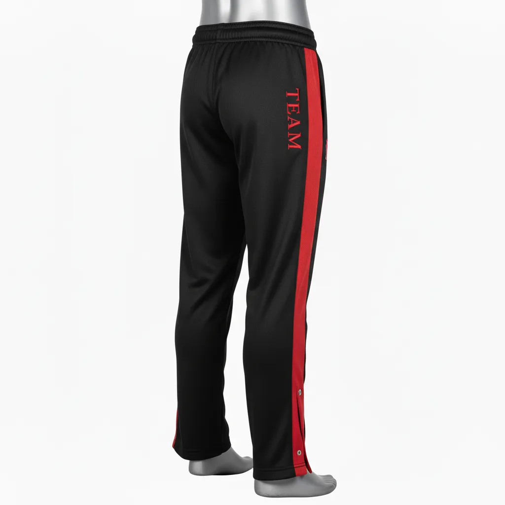 Custom Wrestling Tear Away Warmup Pant - Black, Red - Tearaway Pants Snap Panel - Front View - HAMCO Sports Inc.