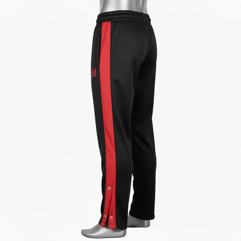 Custom Wrestling Tear Away Warmup Pant - Black, Red - Tearaway Pants Snap Panel - Side View - HAMCO Sports Inc.