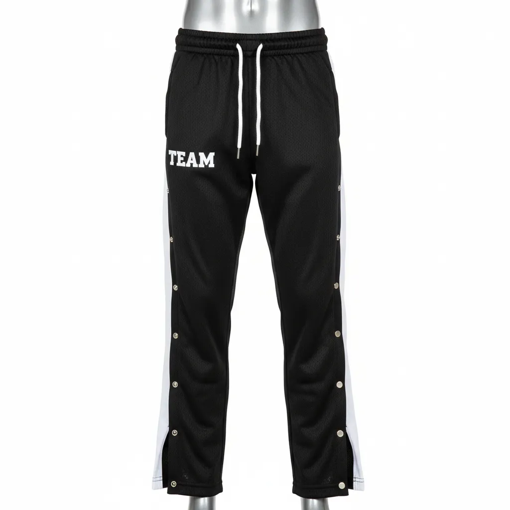 Custom Wrestling Tear Away Warmup Pant - Black, White - Tearaway Pants Snap Panel - Front View - HAMCO Sports Inc.