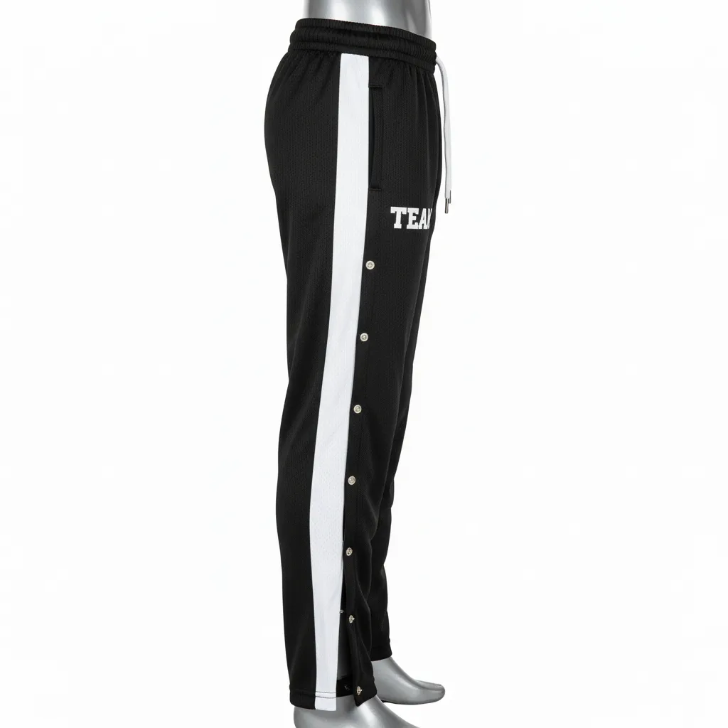 Custom Wrestling Tear Away Warmup Pant - Black, White - Tearaway Pants Snap Panel - Side View - HAMCO Sports Inc.