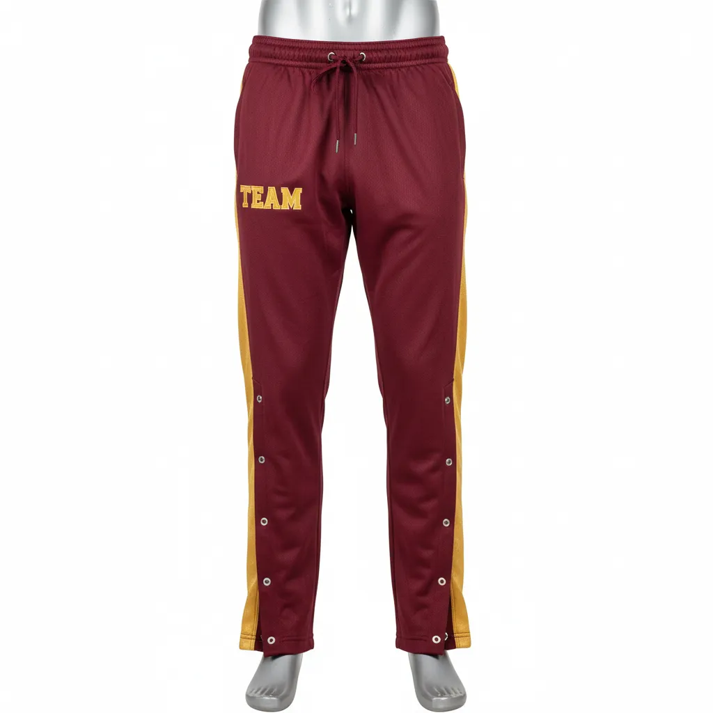 Custom Wrestling Tear Away Warmup Pant - Burgundy, Gold - Tearaway Pants Vegas Snap Panel - Front View - HAMCO Sports Inc.