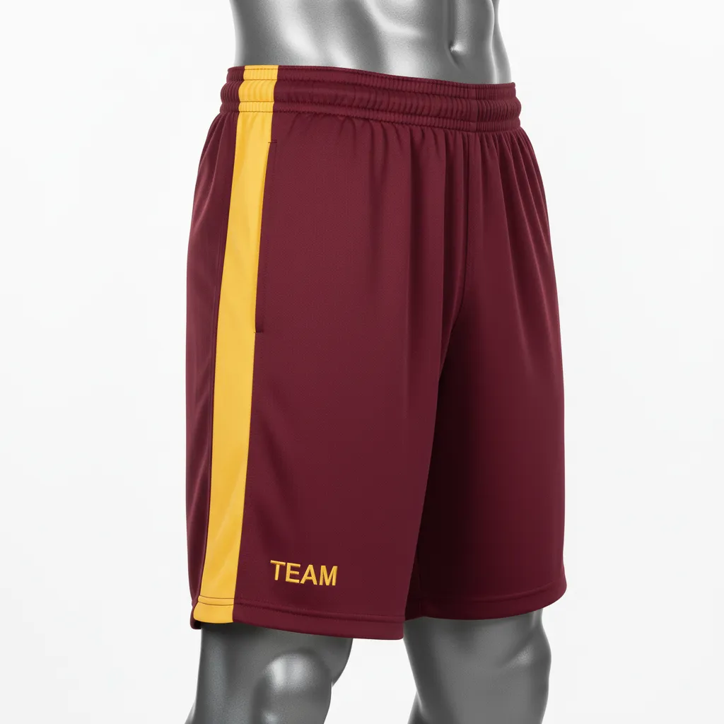 Custom Wrestling Training Shorts - Burgundy, Gold - Training Shorts Vegas Side Stripe - Side View - HAMCO Sports Inc.