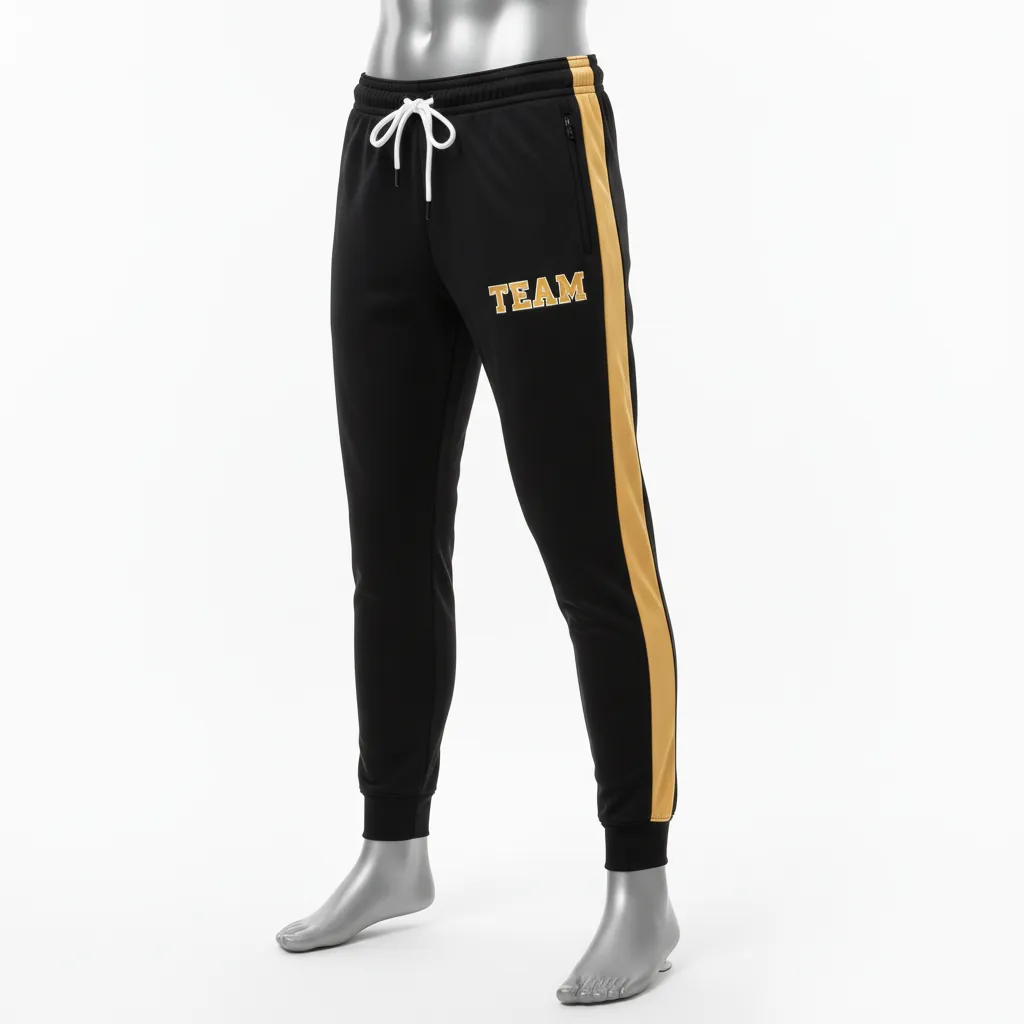 Custom Wrestling Warmup Jogger Pant - Black, Gold - Jogger Pants Vegas Side Stripe - Front View - HAMCO Sports Inc.