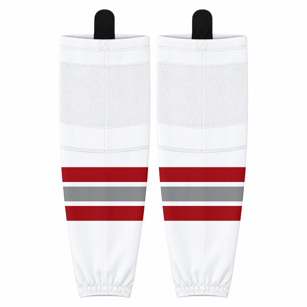 Custom Sublimated Hockey Socks - White with Red and Grey Stripes - Back View - HAMCO