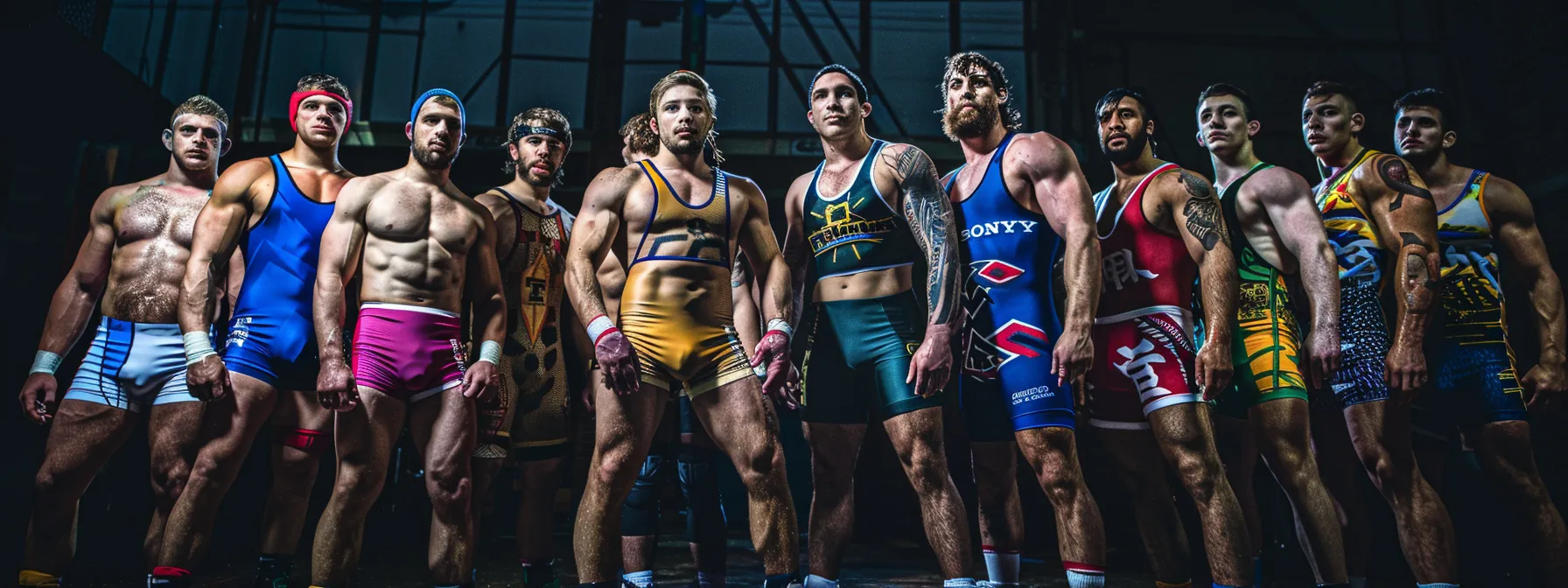 Group photo of wrestlers wearing wrestling singlets