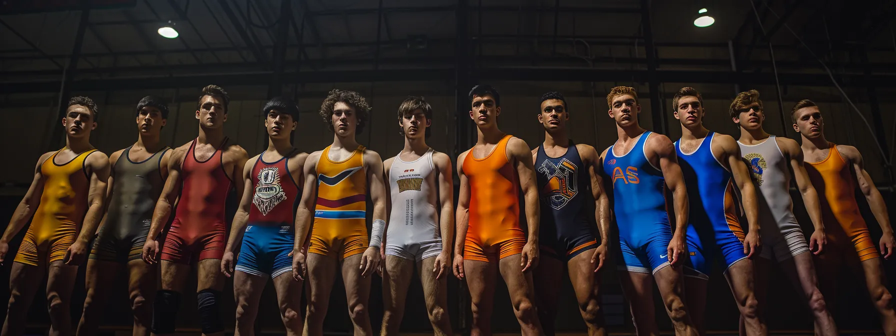 Group photo of wrestlers wearing wrestling singlets